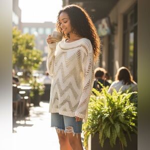 Lulumari Cream Open-Weave Chevron Pullover